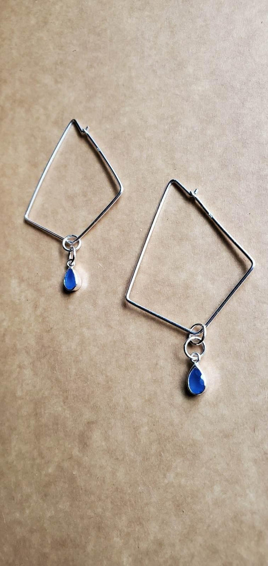 Brea Hoop Earrings: Sterling Silver Diamond Shaped Hoops with Blue Teardrop Accents - Jiana Deon