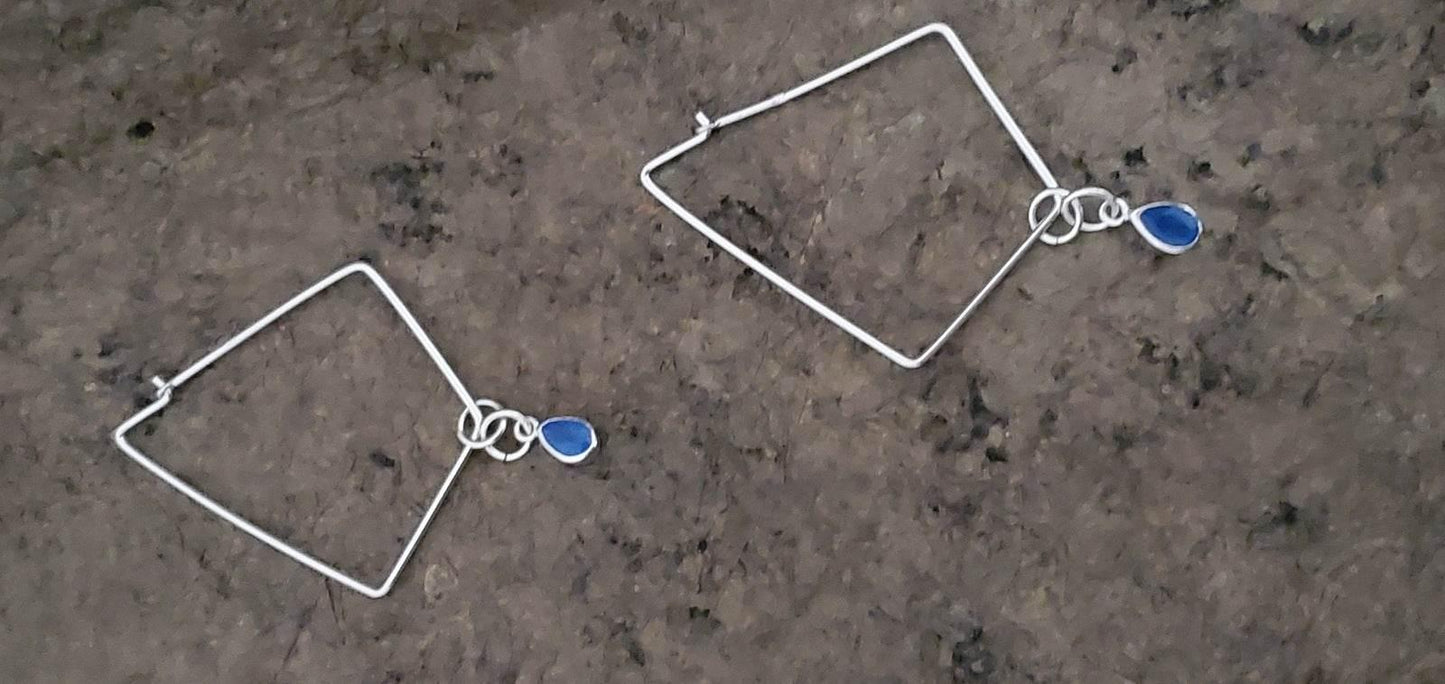 Brea Hoop Earrings: Sterling Silver Diamond Shaped Hoops with Blue Teardrop Accents - Jiana Deon