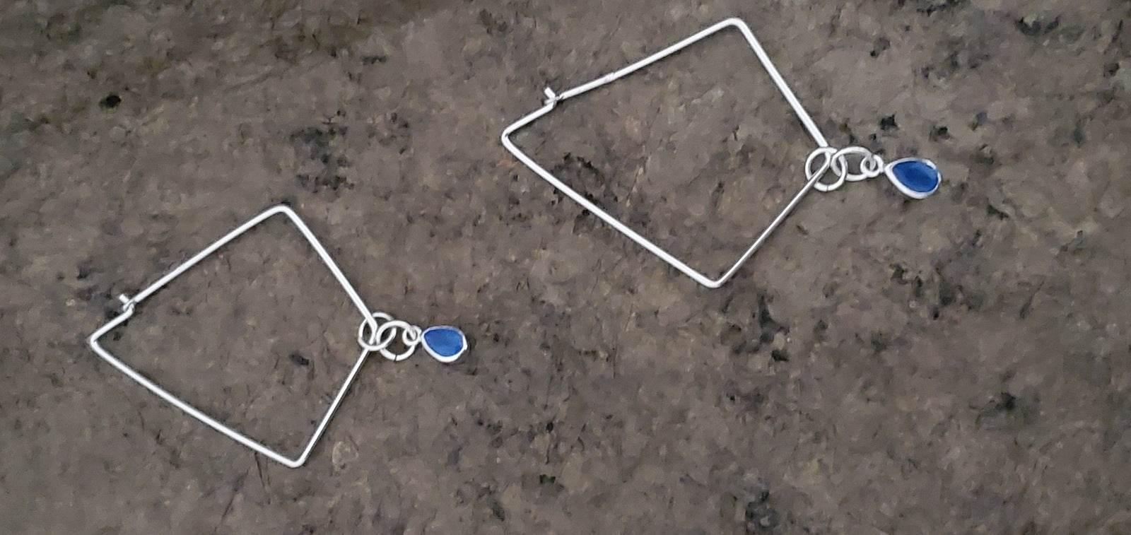 Brea Hoop Earrings: Sterling Silver Diamond Shaped Hoops with Blue Teardrop Accents - Jiana Deon