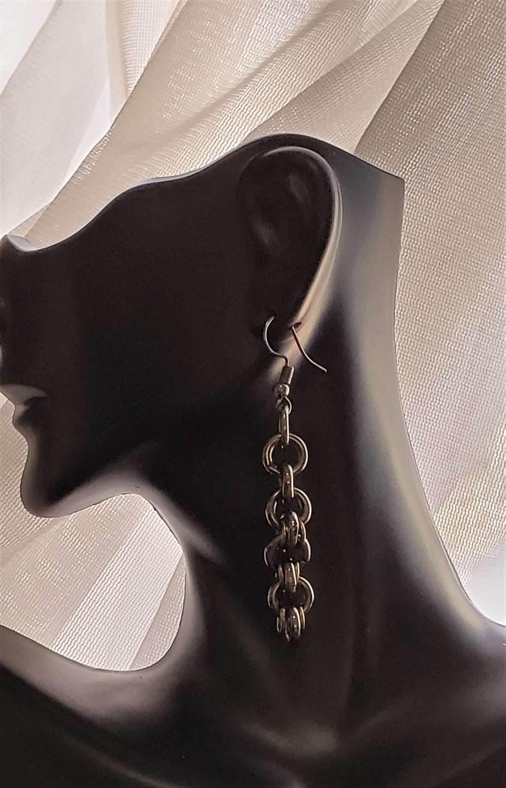 Milla Dangle Earrings | Gunmetal & Olive Chain Earrings | Statement Style - Jiana Deon