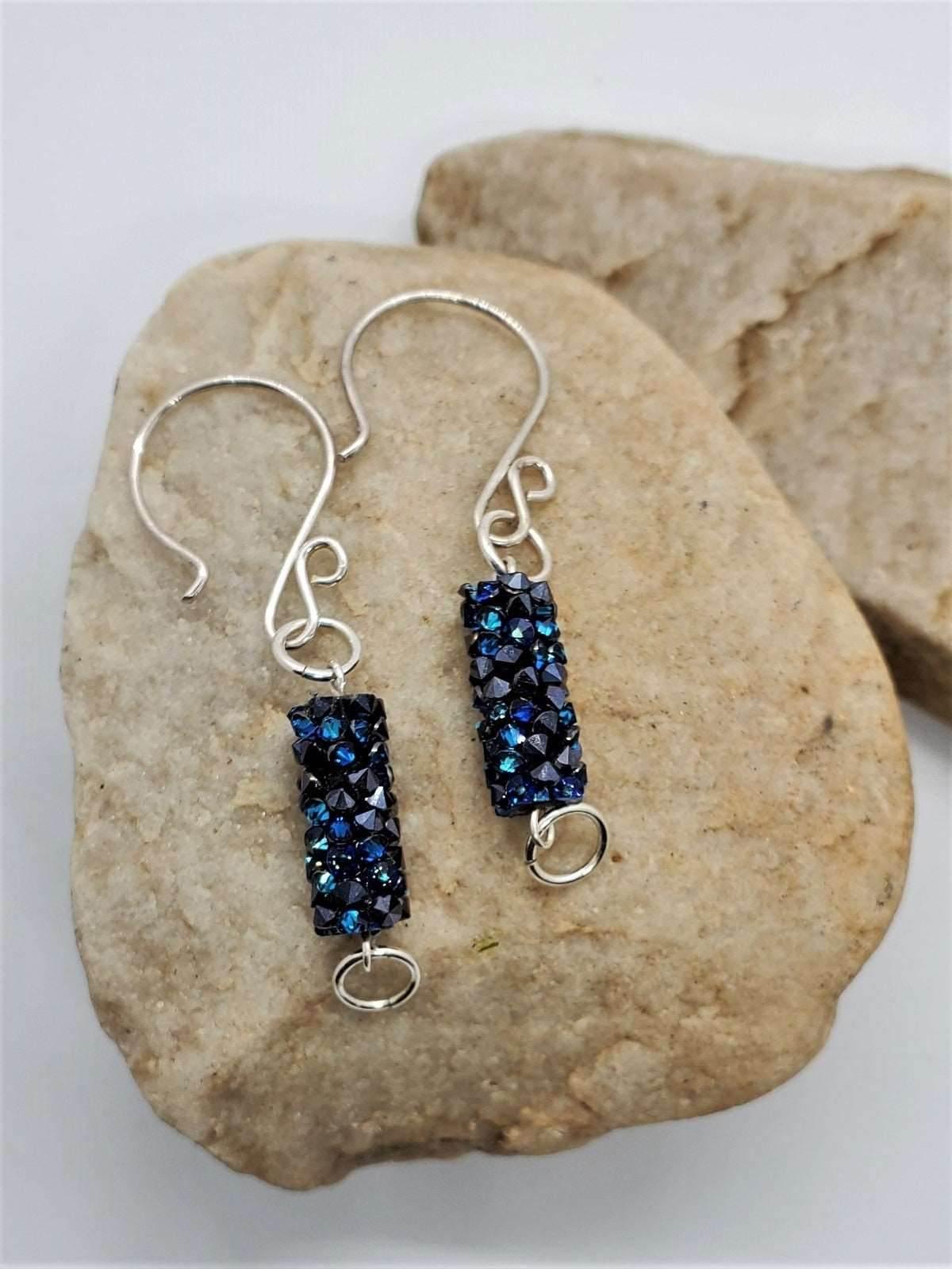 Blue Rock Dangle Earrings | Swarovski Crystal & Sterling Silver | Textured Style - Jiana Deon
