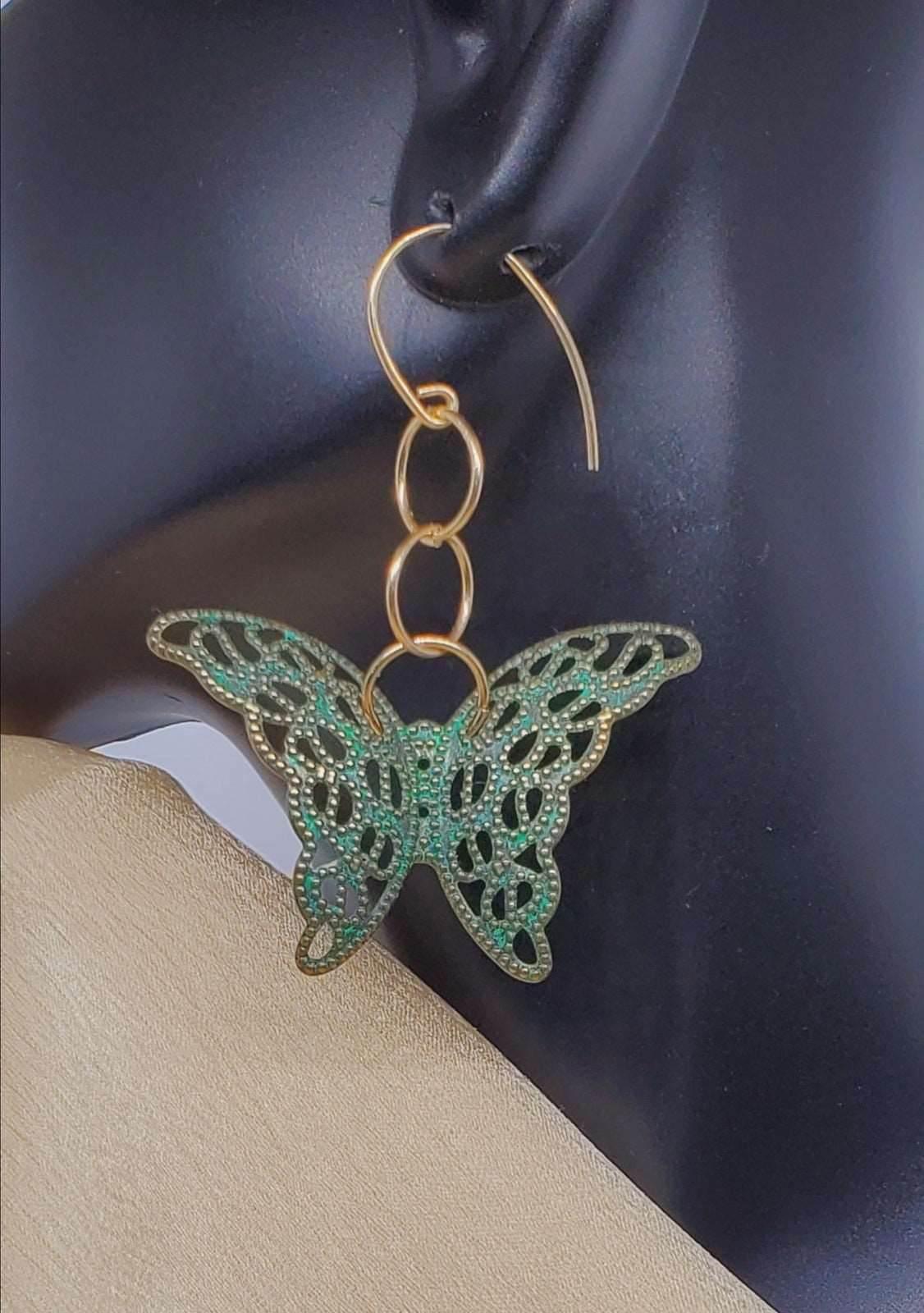 Green Butterfly Dangle Earrings | Symbol of Love & Transformation | Gold Accents | Gift - Jiana Deon
