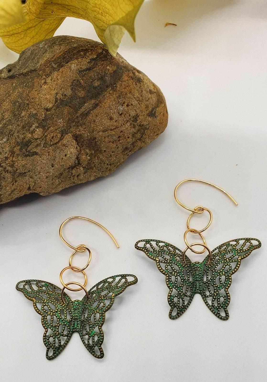 Green Butterfly Dangle Earrings | Symbol of Love & Transformation | Gold Accents | Gift - Jiana Deon