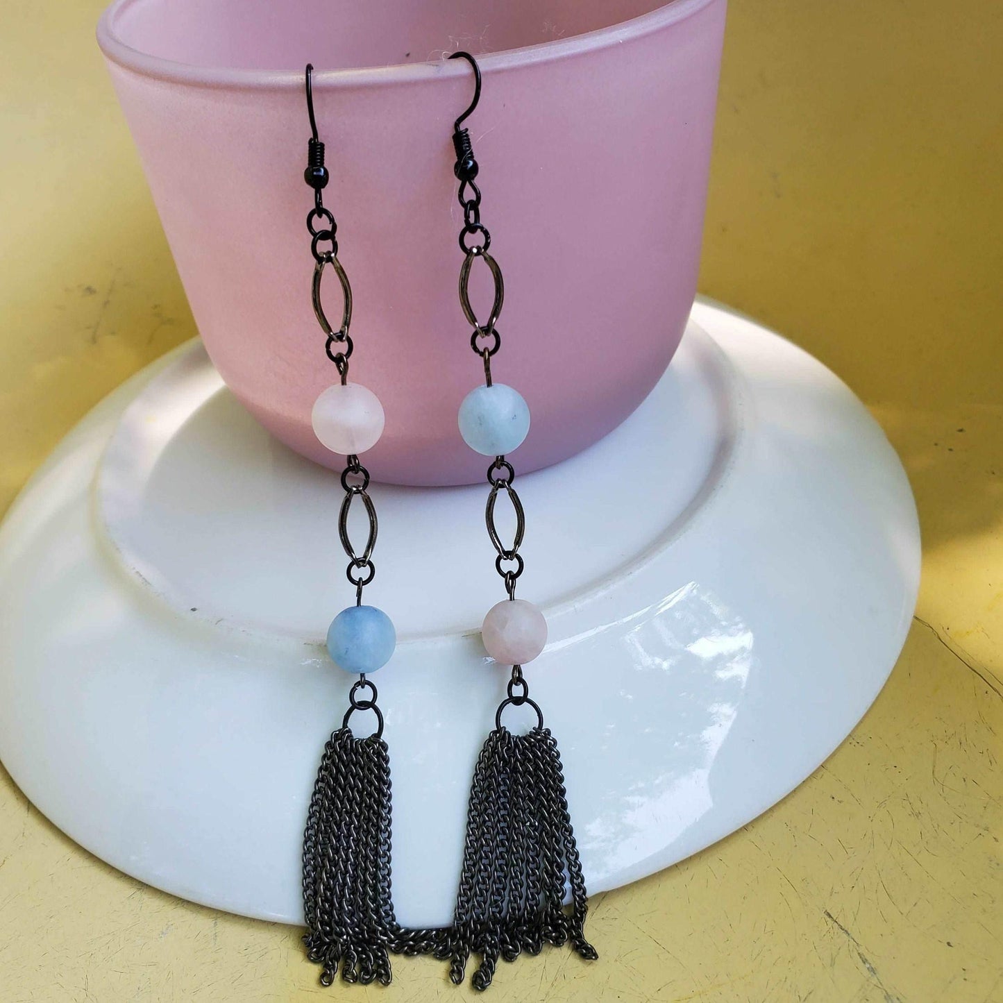 Beryl Tassel Earrings | Statement Tassel Earrings | Beryl & Gunmetal | Edgy Elegance - Jiana Deon