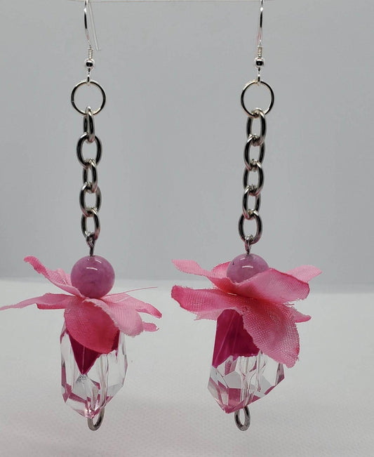 Pretty Pink Dangles | Statement Earrings | Pink Flower & Crystal Earrings - Jiana Deon