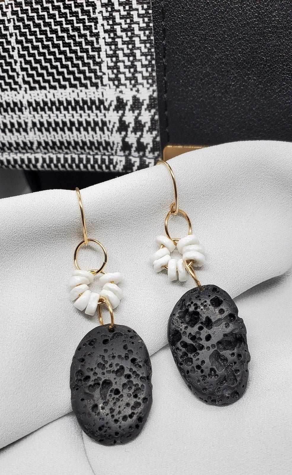 Leal Dangle Earrings | Black Lava Rock & Gold Earrings | Day to Night - Jiana Deon