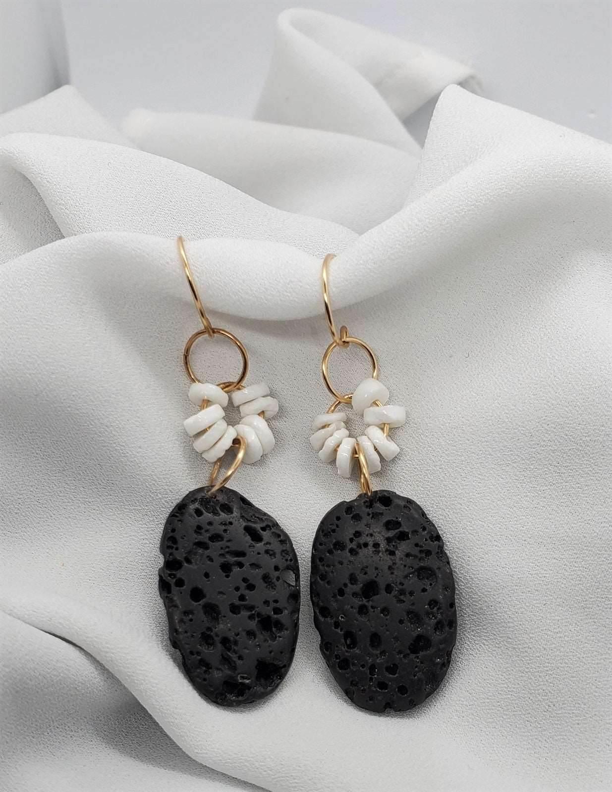 Leal Dangle Earrings | Black Lava Rock & Gold Earrings | Day to Night - Jiana Deon