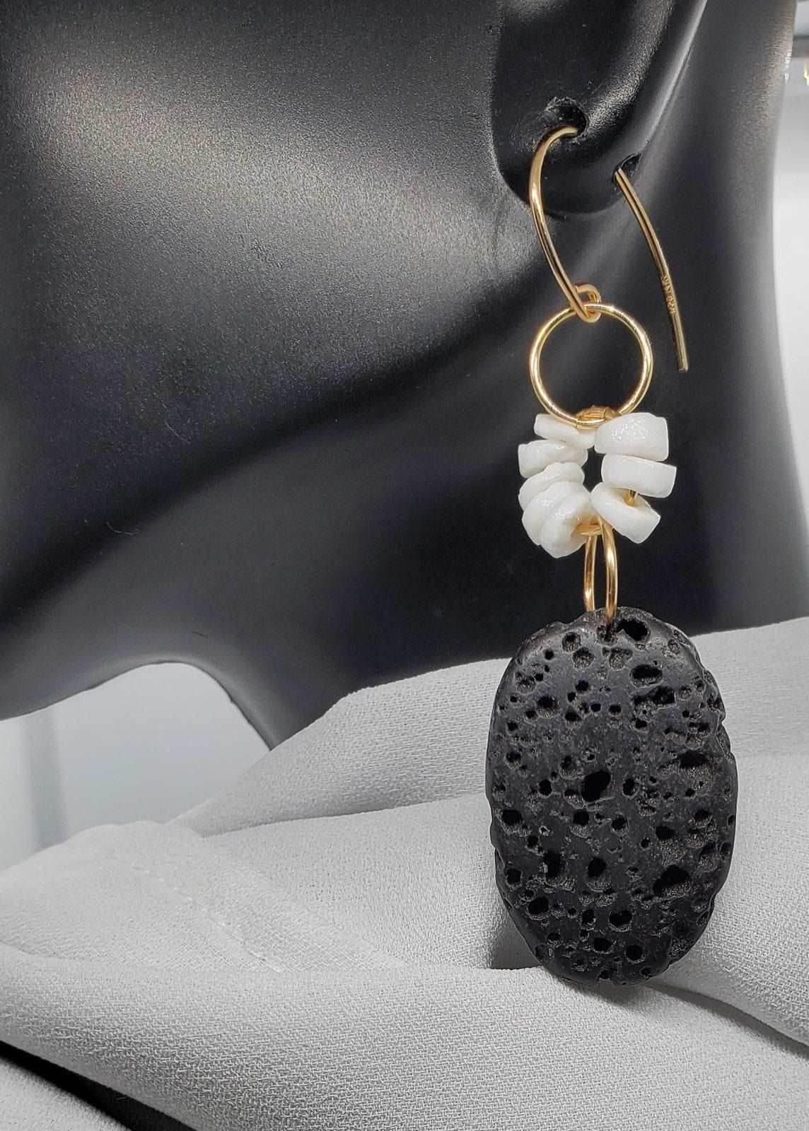 Leal Dangle Earrings | Black Lava Rock & Gold Earrings | Day to Night - Jiana Deon