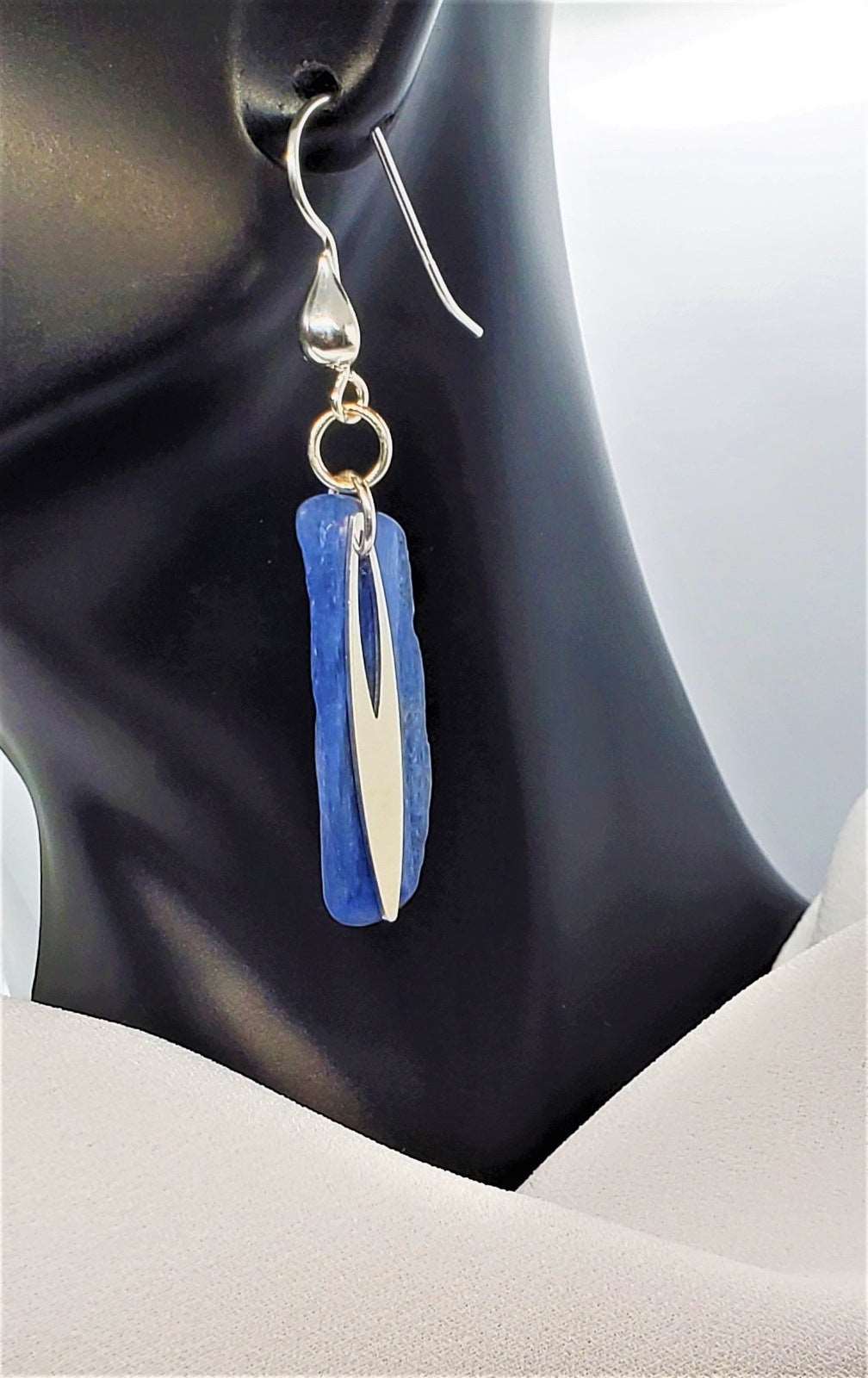Blue and silver earrings on a bust, dangling earring sideview, Linna Dangle Earrings