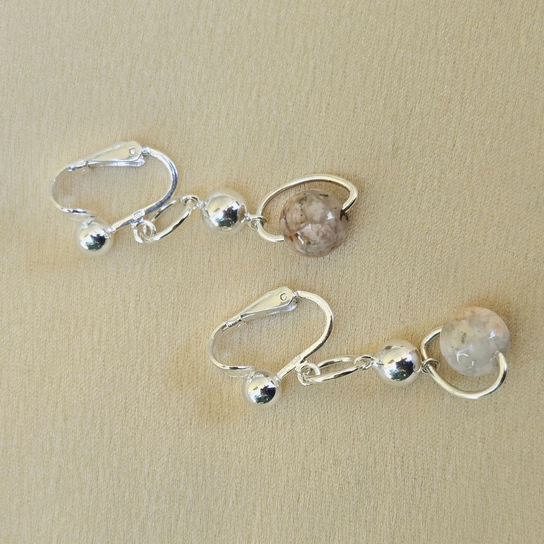 Floating Agate Clip-Ons - Tan and White