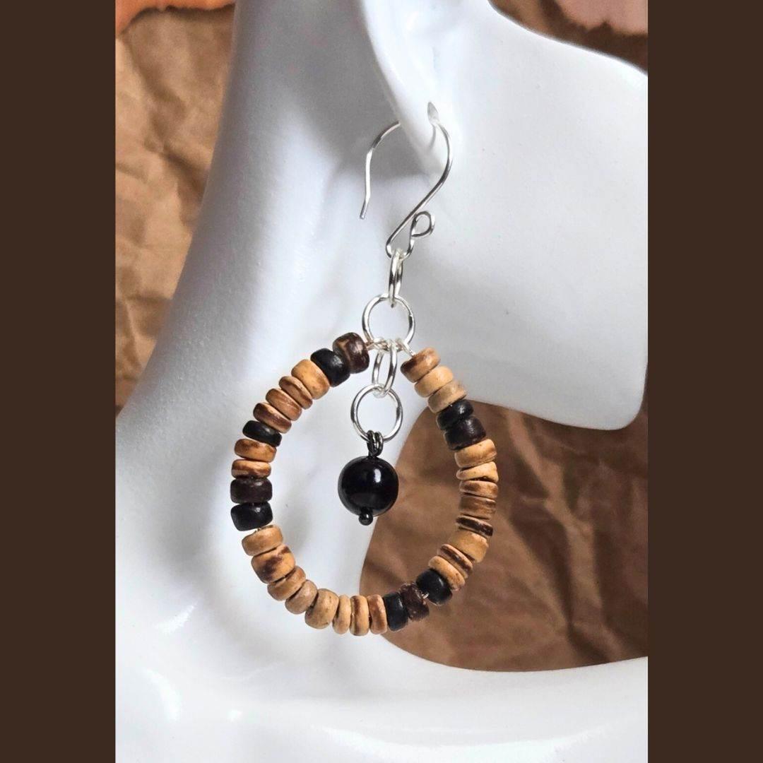 Sylvie Hoops | Boho Wood & Onyx Earrings | Everyday Style - Jiana Deon