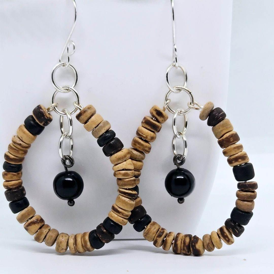 Sylvie Hoops | Boho Wood & Onyx Earrings | Everyday Style - Jiana Deon