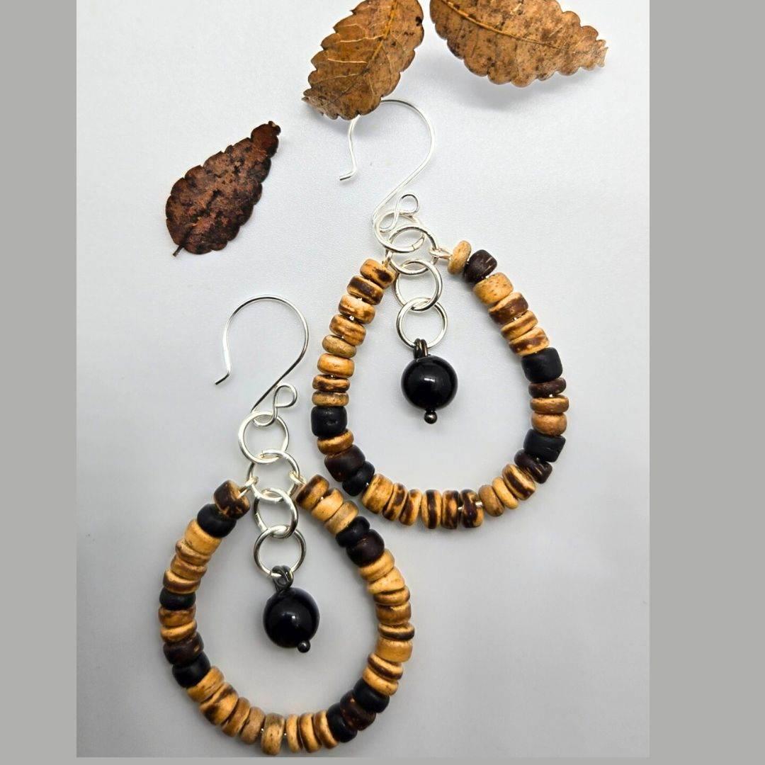 Sylvie Hoops | Boho Wood & Onyx Earrings | Everyday Style - Jiana Deon