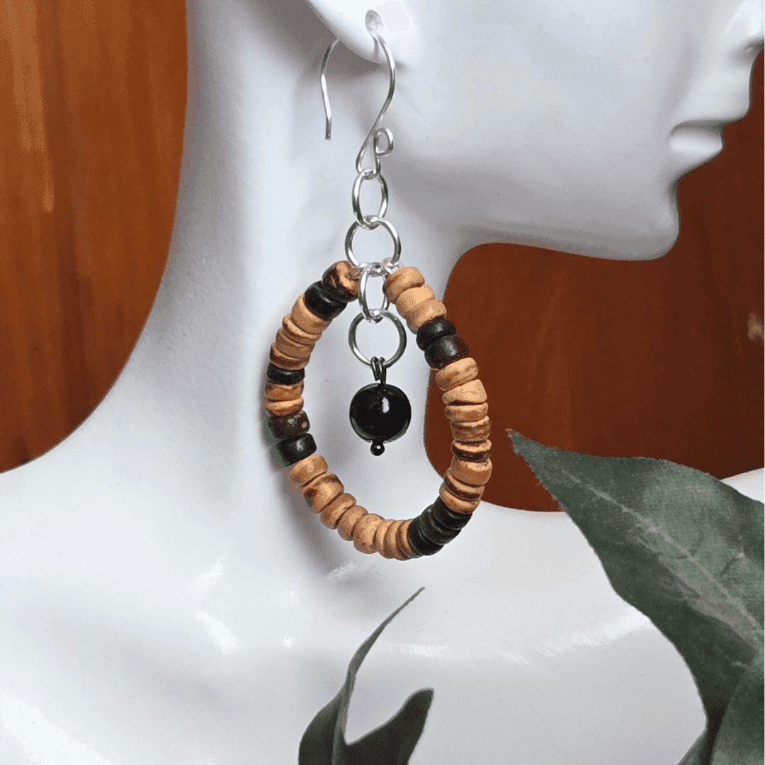 Sylvie Hoops | Boho Wood & Onyx Earrings | Everyday Style - Jiana Deon