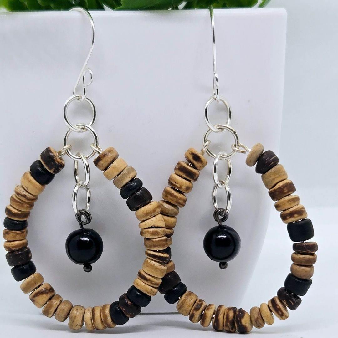 Sylvie Hoops | Boho Wood & Onyx Earrings | Everyday Style - Jiana Deon