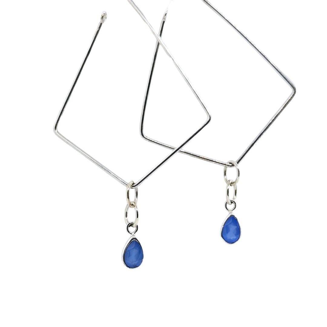 Brea Hoop Earrings: Sterling Silver Diamond Shaped Hoops with Blue Teardrop Accents - Jiana Deon