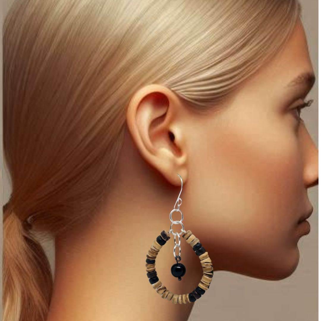 Sylvie Hoops | Boho Wood & Onyx Earrings | Everyday Style - Jiana Deon