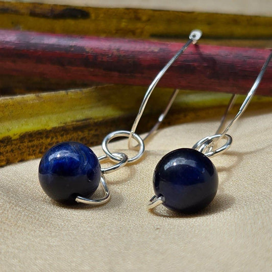 Blue Tiger's Eye Drop Earrings | Sterling Silver | Statement Jewelry - Jiana Deon