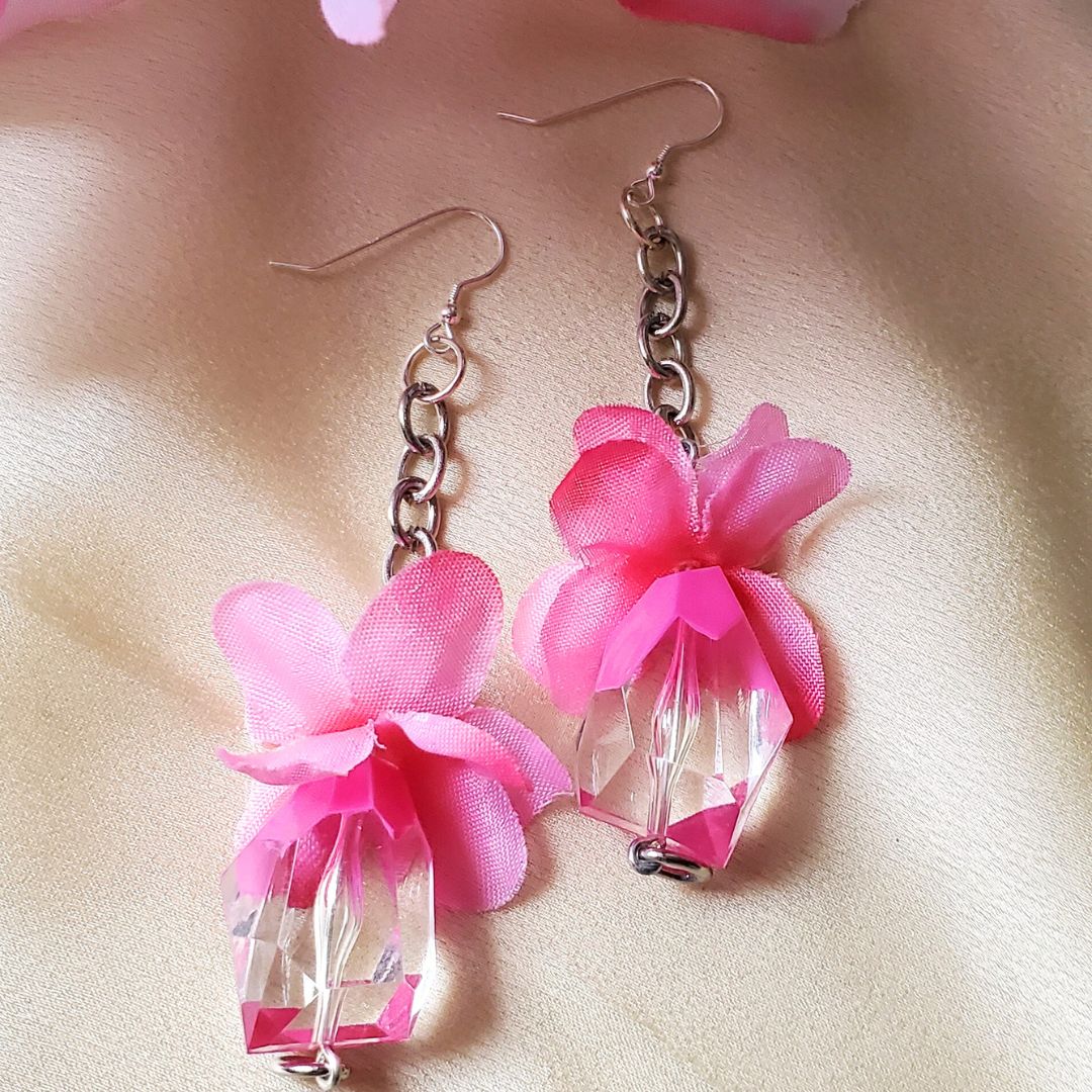Pretty Pink Dangles | Statement Earrings | Pink Flower & Crystal Earrings