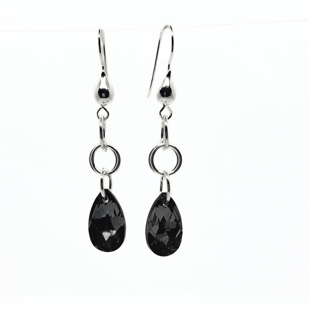 Black Crystal Earrings | Sterling Silver Swarovski Pear Crystals | Elegant Jewelry - Jiana Deon
