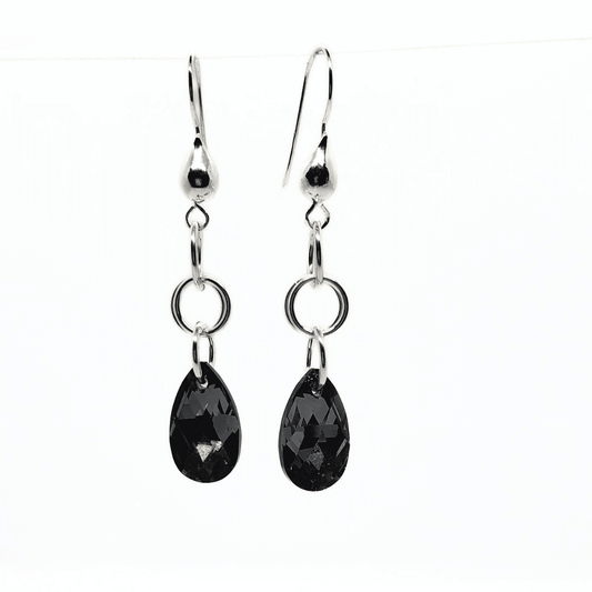 Black Crystal Earrings | Sterling Silver Swarovski Pear Crystals | Elegant Jewelry - Jiana Deon