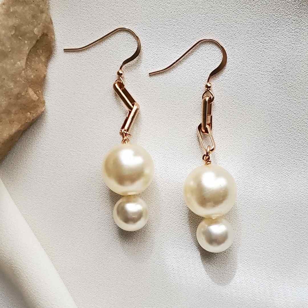 Rose Gold Link Pearl Drop Earrings