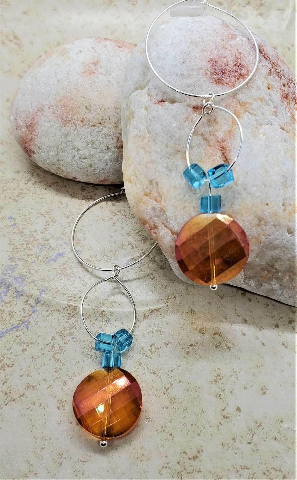 Amber Sparkle Earrings | Orange & Blue Beaded Hoop Earrings | Summer Jewelry - Jiana Deon