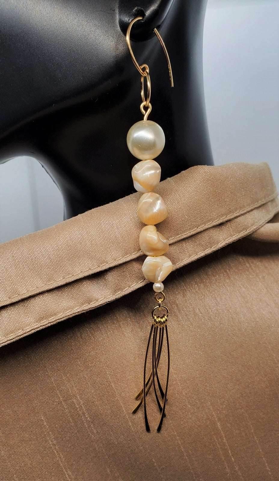 Freeform Nugget Pearl Earrings | Brown Mother of Pearl Earrings | Gold Tassel | Boho Chic - Jiana Deon