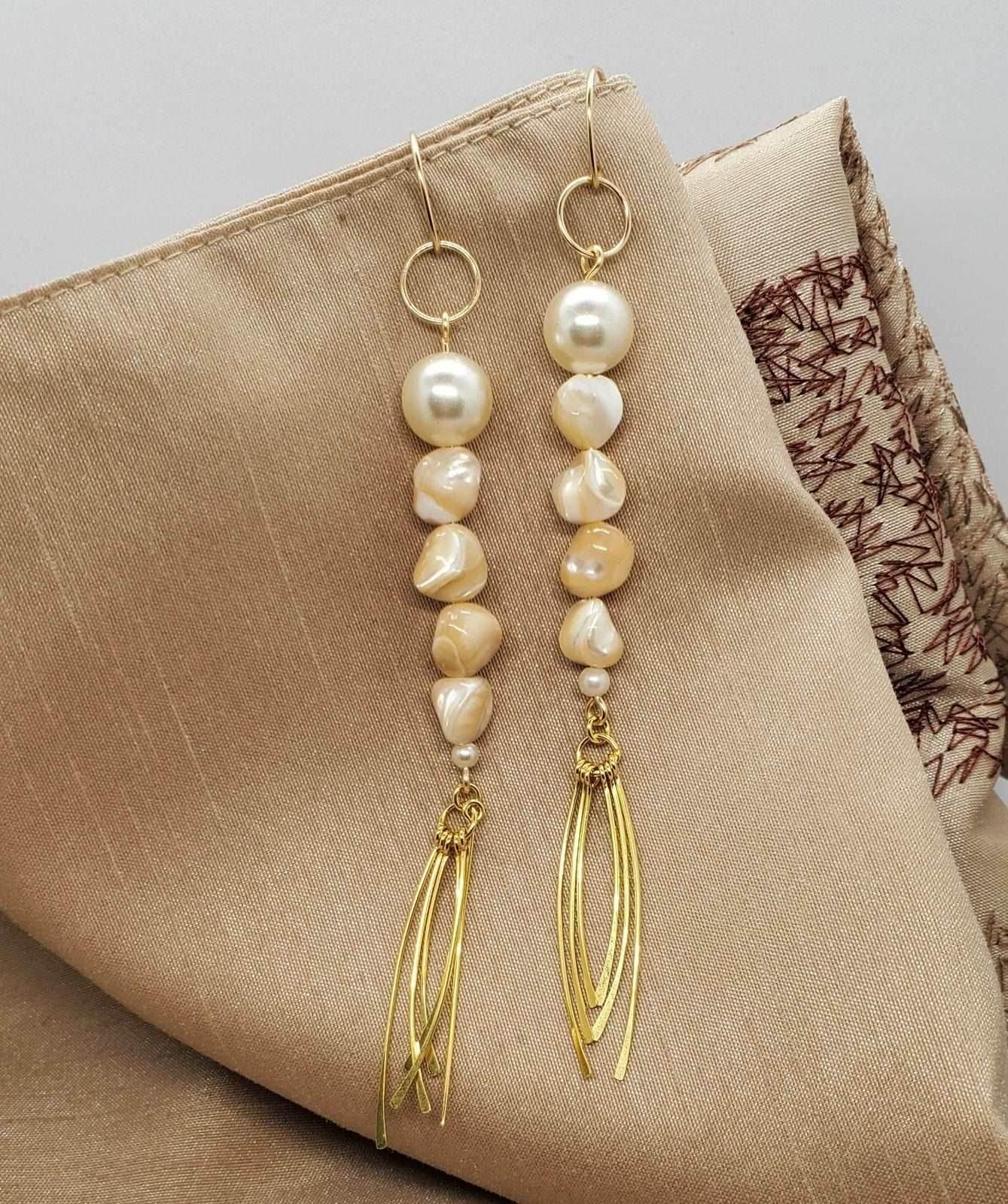 Freeform Nugget Pearl Earrings | Brown Mother of Pearl Earrings | Gold Tassel | Boho Chic - Jiana Deon