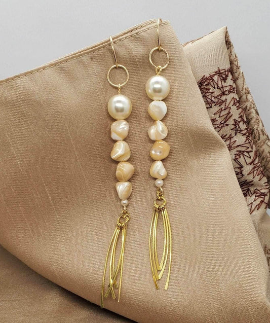 Freeform Nugget Pearl Earrings | Brown Mother of Pearl Earrings | Gold Tassel | Boho Chic - Jiana Deon