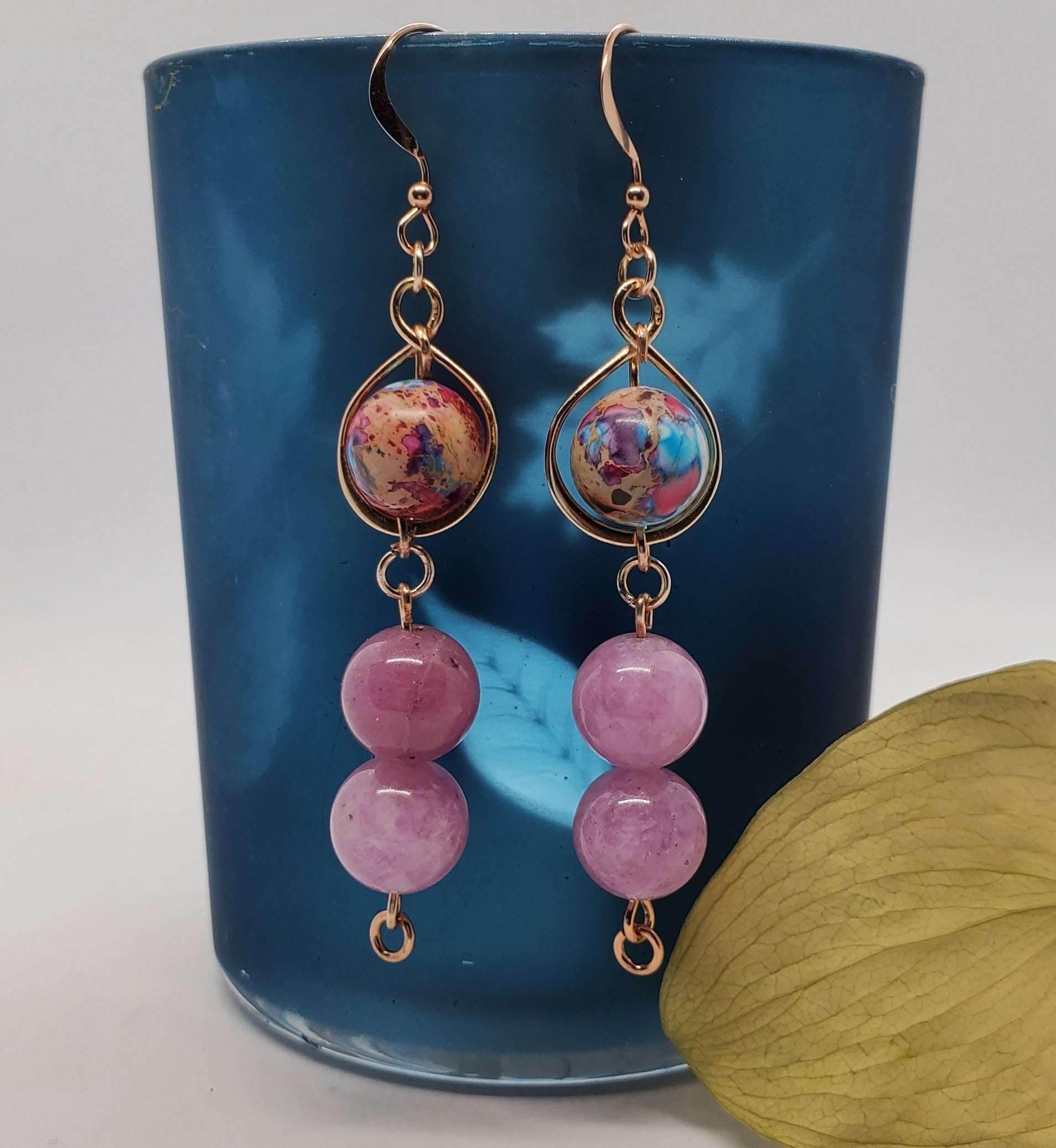 Freesia Dangle Earrings | Rainbow Jasper & Kunzite Jade Earrings | Rose Gold | Dreamy & Delightful - Jiana Deon