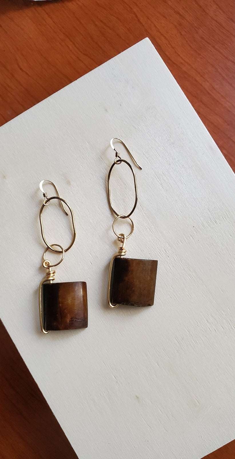 earrings front view, handmade earrings, Wooden Tab Dangle Earrings