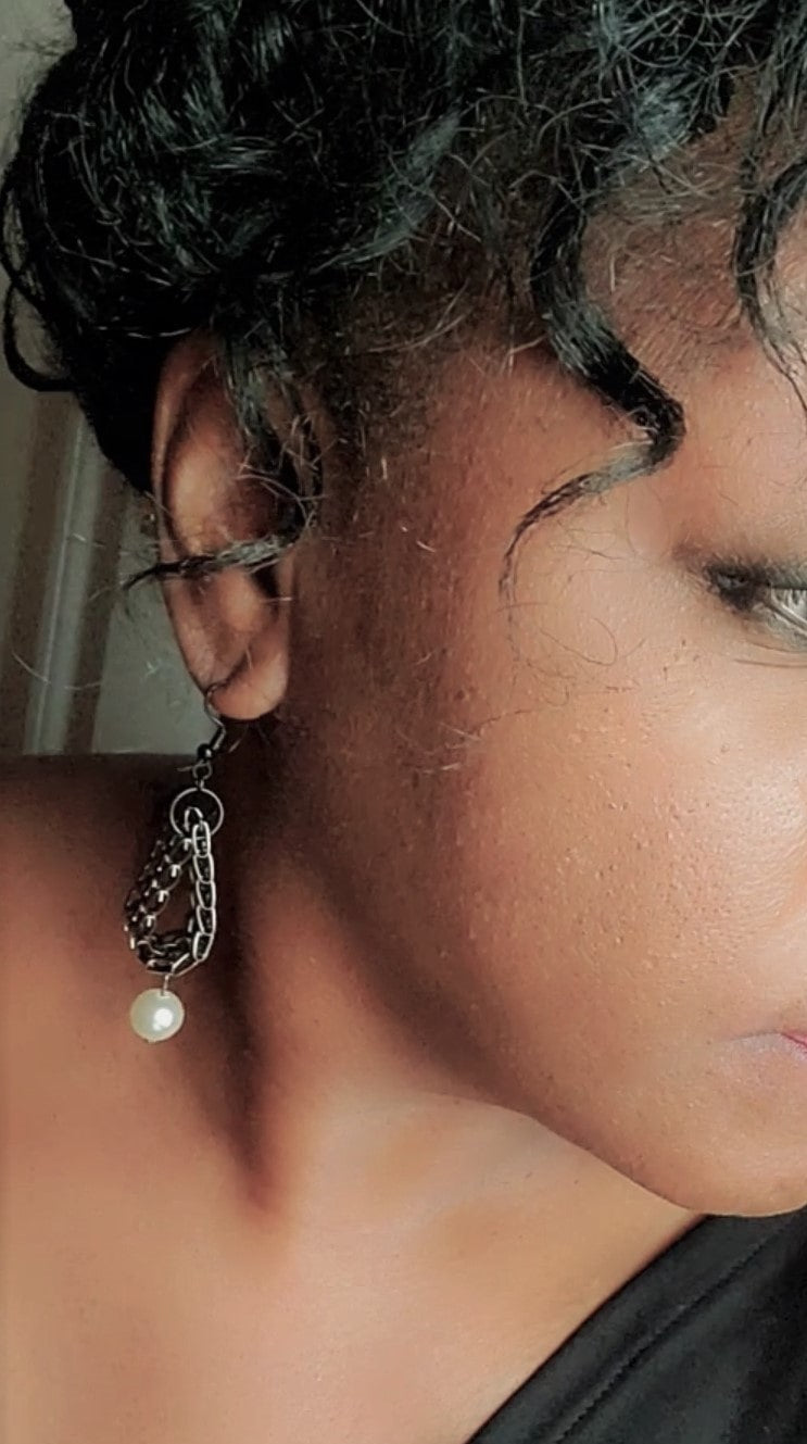 Handmade earrings on woman side view, earrings for women, Ziggy Pearl Drop Earrings