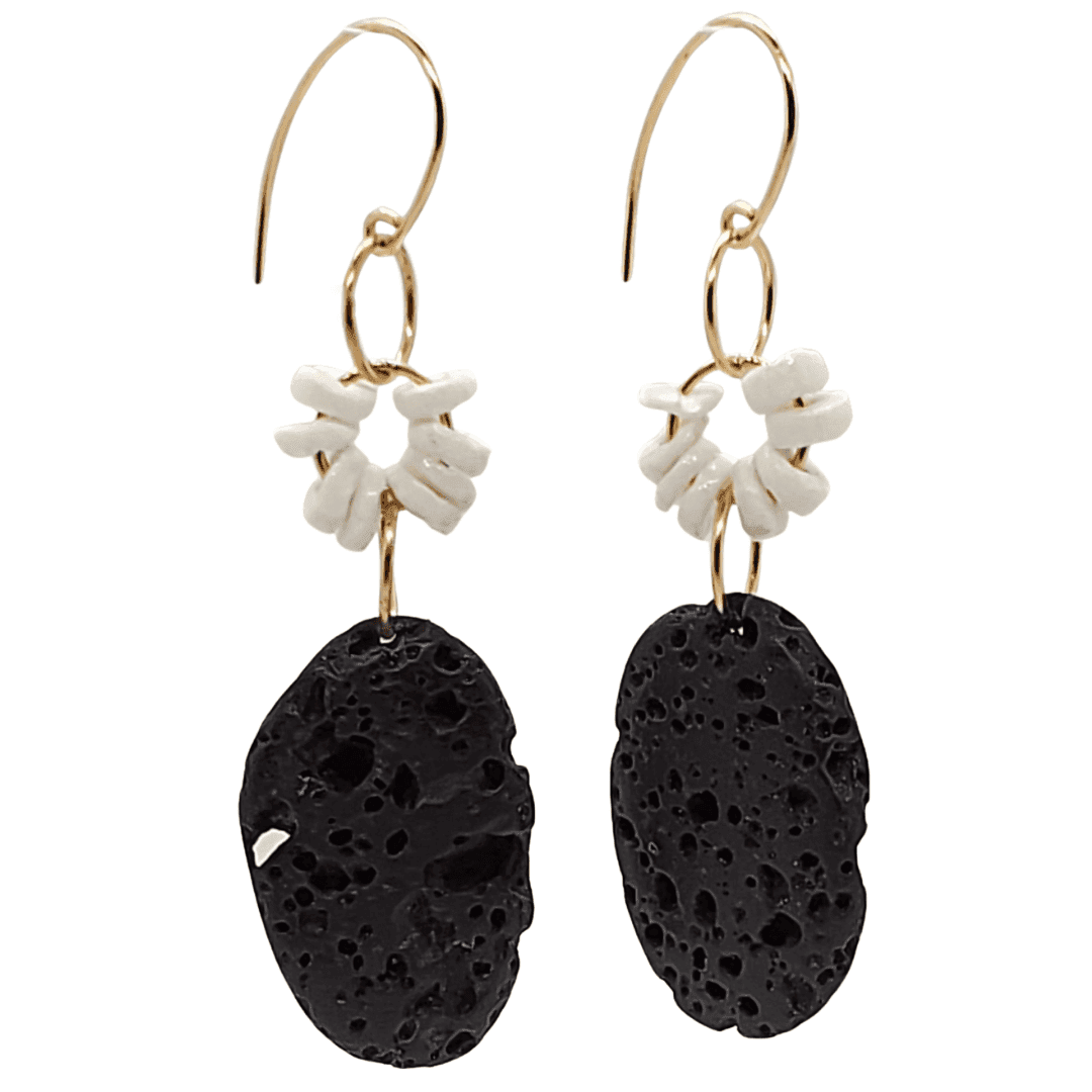 Leal Dangle Earrings | Black Lava Rock & Gold Earrings | Day to Night - Jiana Deon