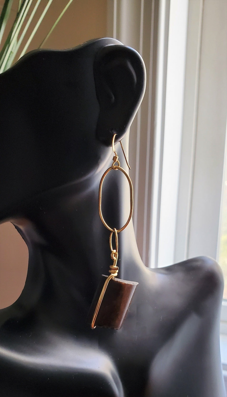 wooden earring on a bust, earrings for women, handmade earrings, earrings by a window, Wooden Tab Dangle Earrings