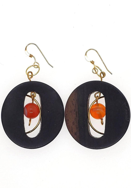 Ebony Wood Drop Earrings | Orange Accent Earrings | Lightweight & Chic - Jiana Deon