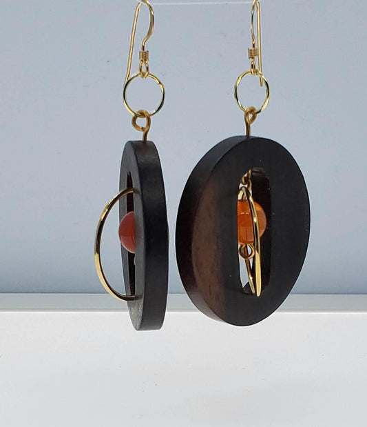 Ebony Wood Drop Earrings | Orange Accent Earrings | Lightweight & Chic - Jiana Deon