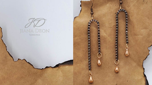 Handmade earrings with rose-gold teardrop beads with copper chain. Earrings for women photo