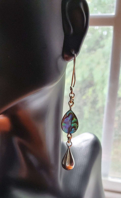 Kayla Dangle Earrings on bust view, abalone design, handmade earrings, Jiana Deon earrings