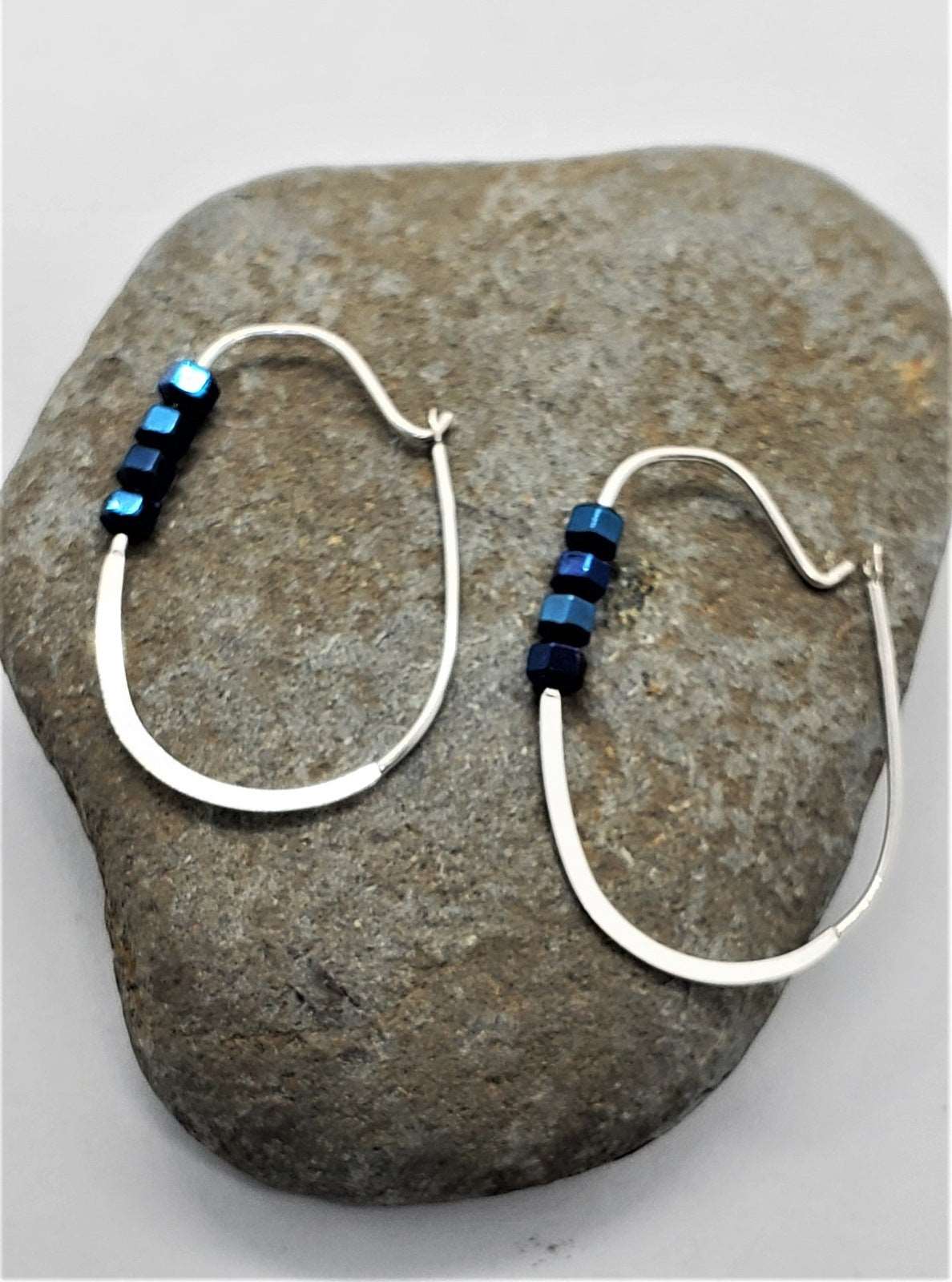 photo of earrings on a rock, handmade earrings, earrings for women, Sapphire Bead Hoops