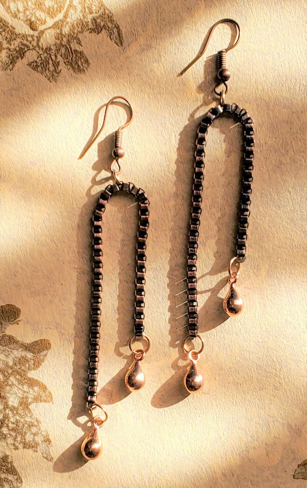 Dangle Earrings, Copper Chain Dangle Earrings, Handmade for women, photo of earrings on a yellow shadows