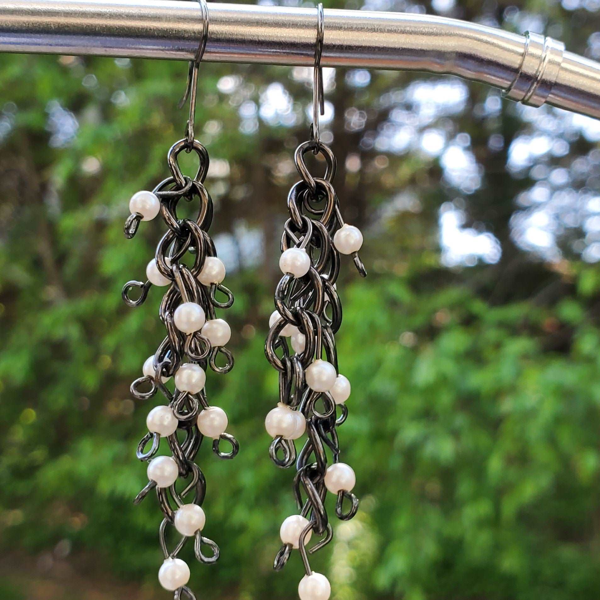 Photo of earring outside, earrings for women, Gunmetal Pearl Dangle Earrings