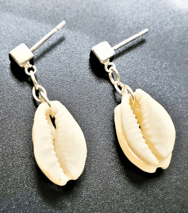 Jiana Deon seashell earrings on black back ground, handmade earrings, Men's SeaShell Earrings