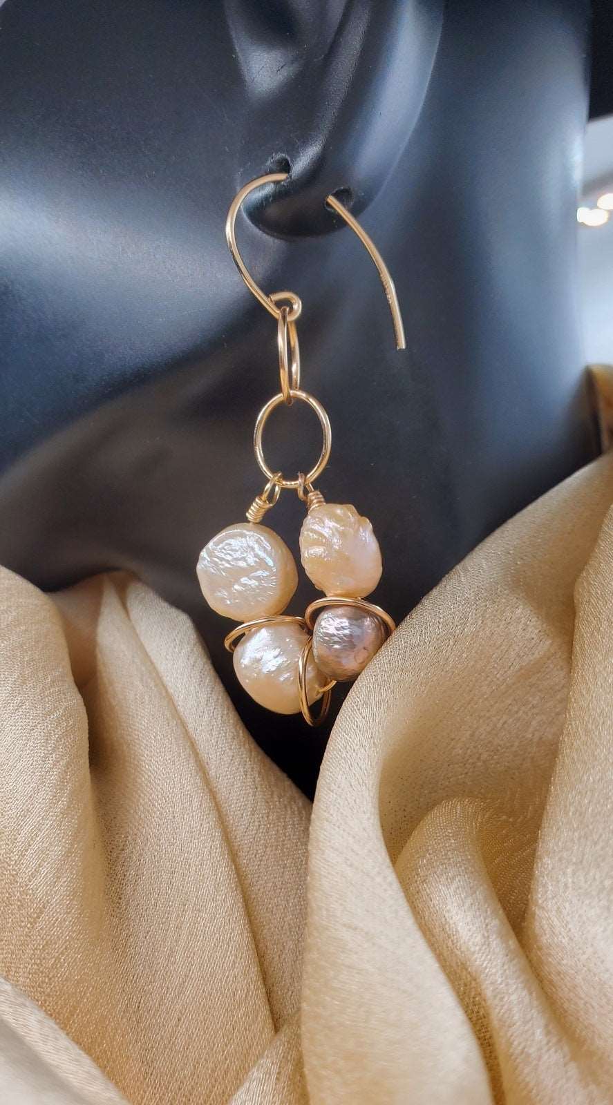 textured pearl earrings on bust side view, earring photo, dangle earrings handmade, Peachy Pink Drop Earrings