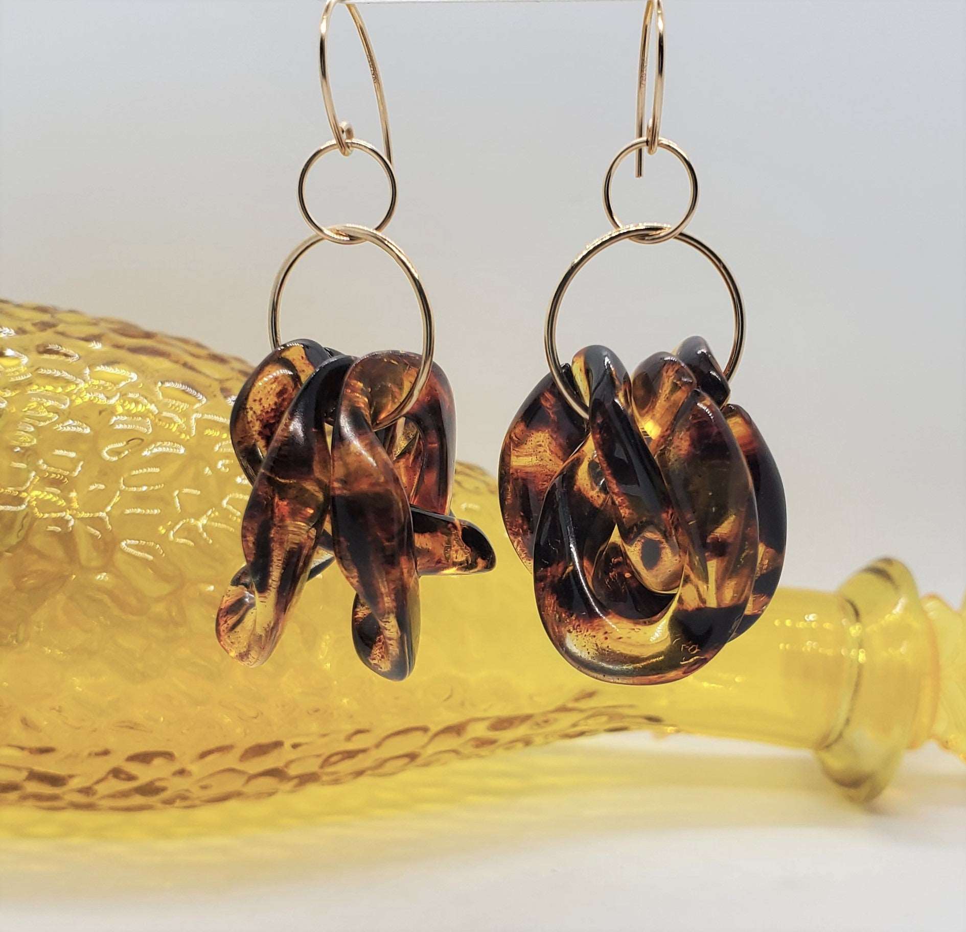 Tortoise shell earrings with yellow glass, handmade earrings, earrings for women, TT Shell Dangles