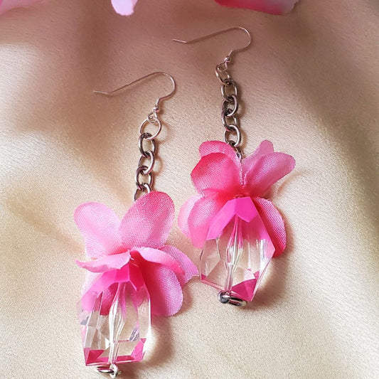 Pretty Pink Dangles | Statement Earrings | Pink Flower & Crystal Earrings