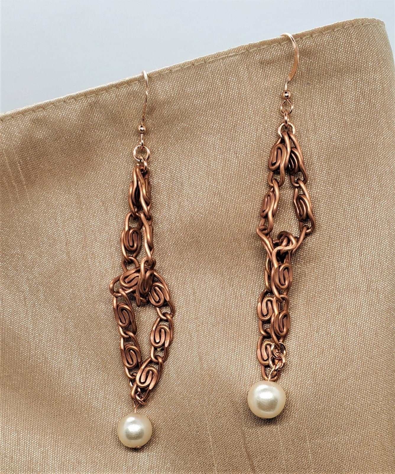 Vintage handmade earrings with pearls, earrings for women, earrings on tan materials, Vintage Rope Earrings
