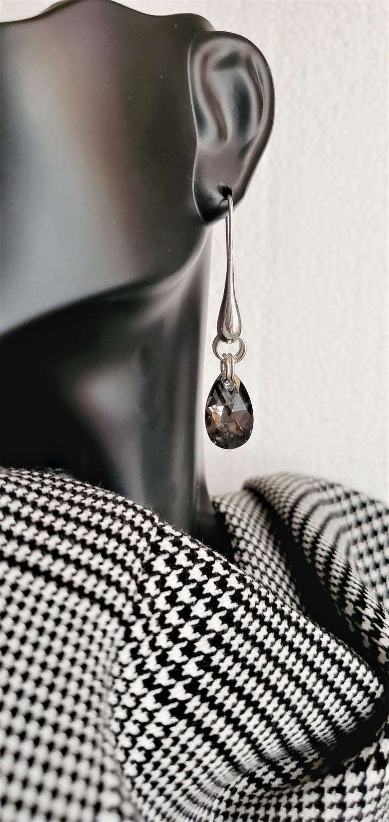 Photo of earrings on bust, black and white bust view photo, earrings for women,Jannet Dangle Earrings
