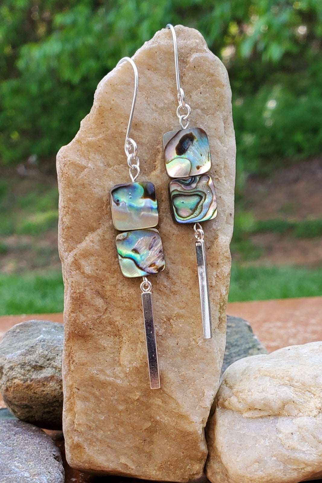 Abalone earrings photo, Earrings on a rock, Kai Dangle Earrings, handmade earrings