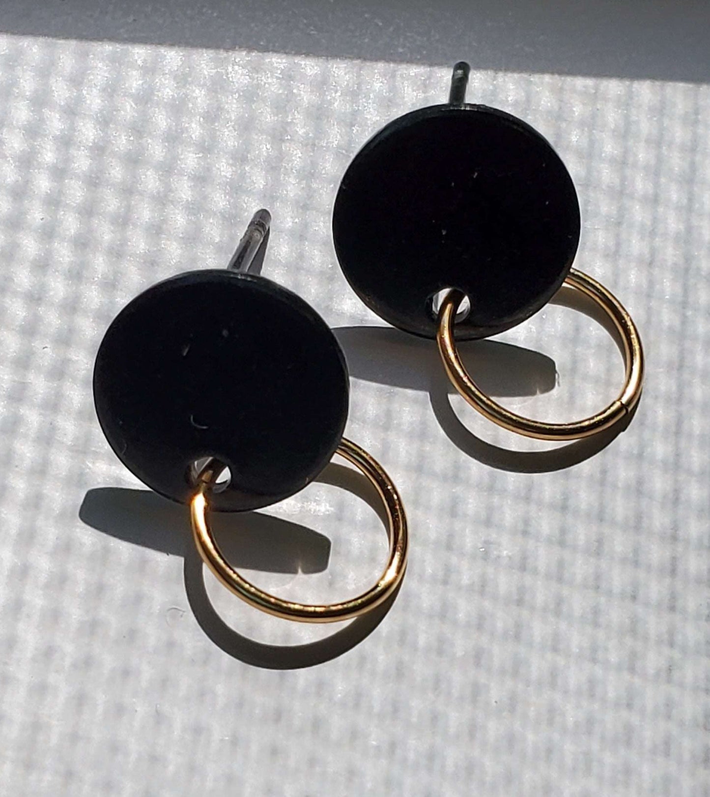 Black and Gold Earrings, earrings for men, handmade earrings, gold circle and black stud, Men's Black and Gold Ring Studs